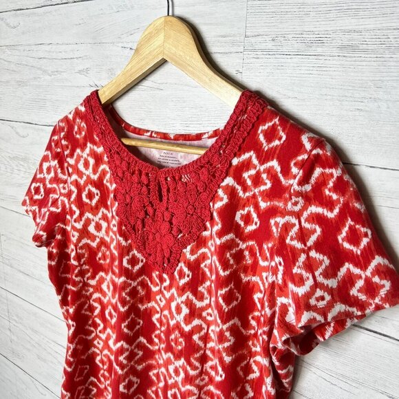 Charter Club Top Womens Size P/L Red & White Geometric Embroidered Chest Cotton - Picture 9 of 16